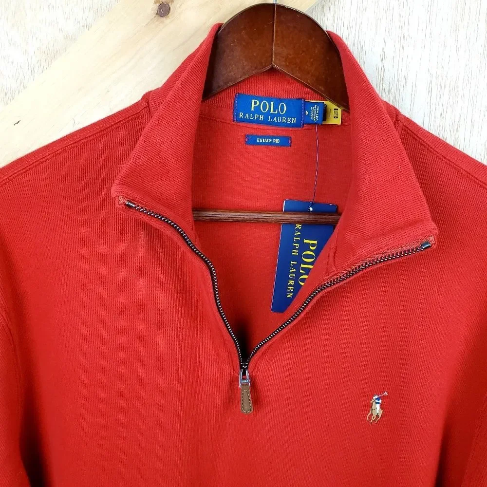 POLO RALPH LAUREN Red Estate Rib 1/4 Zip Pullover Sweater Size M
